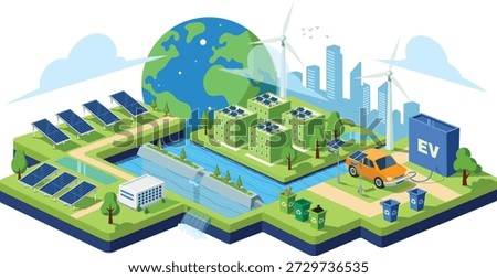 Climate Change Solutions Isometric Vector. Sustainable City Concept with Solar Panels, Wind Turbines, Electric Vehicle Charging, and Green Buildings. Global Warming Prevention and Renewable Energy Infographic.