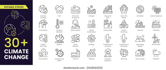 Climate change Stroke icon set. Containing global warming, greenhouse, melting ice, earth pollution and disaster icons. Editable stroke line icon set.