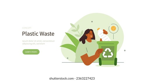 Climate change and sustainability. Character putting plastic trash into recyclable garbage bin to prevent environmental pollution. Sustainable living concept. Vector illustration.