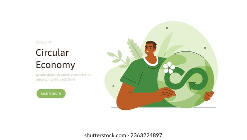 
Climate change and sustainability. Character showing benefits of sustainable economic growth with renewable energy and natural resources.  Circular economy concept. Vector illustration.
