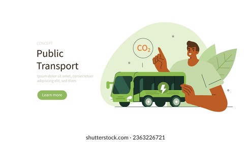 Climate change and sustainability. Character showing benefits of public transport to prevent environmental pollution. Sustainable living concept. Vector illustration.
