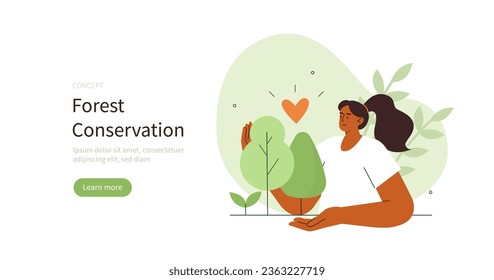 Climate change and sustainability. Character showing benefits of forest conservation for environmental pollution reduction. Sustainable living concept. Vector illustration.
