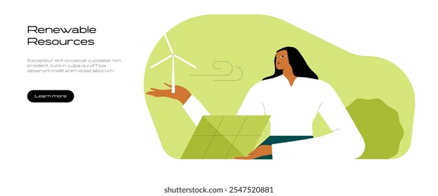 Climate change and sustainability. Character showing benefits of renewable energy resources. Sustainable energy concept. Vector illustration.