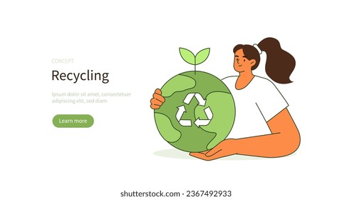 Climate change and sustainability concept. Character showing recycling benefits of to prevent environmental pollution. Vector illustration.
