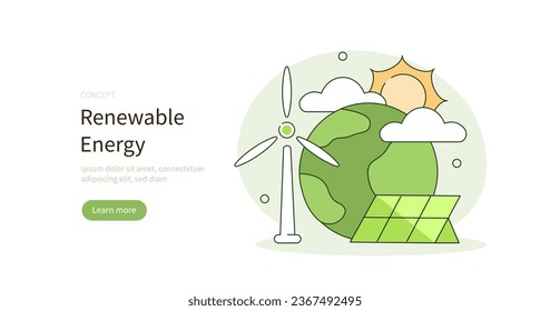 
Climate change and sustainability concept. Wind turbine and solar panels showing benefits of renewable energy recourses, wind and solar power. Vector illustration.