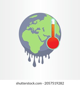 Climate change symbol with earth and red thermometer. Global warming and damage of ecology. World map melting caused by air pollution and environmental problem.