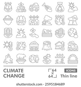 Climate change symbols collection or sketches, atmosphere theme in thin line style signs for web and app. Vector graphics isolated on white background