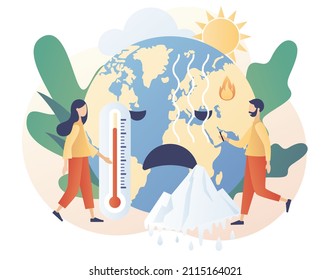 Climate change. Tiny people trying save planet Earth. Global warming concept. World Environment day. Ecology hazards, air pollution. Modern flat cartoon style. Vector illustration on white background