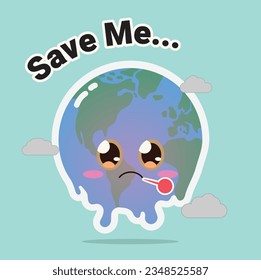 Klimaschutzvektor, Erde mit traurigem Gesicht, weinend, verschmutzt
