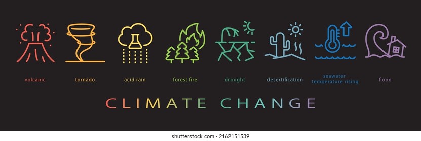 Climate change vector icon set. neon color on black background.