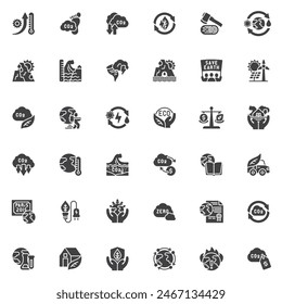 Klimaschutzvektor-Icons-Set, moderne solide Symbol-Kollektion, gefüllte Stil-Piktogramm-Pack. Schilder, Logo-Illustration. Das Set beinhaltet Icons wie Globale Erwärmung, Kohlenstoff, Treibhausgase, Erneuerbare Energien