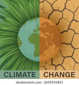 Climate Change, Vector Illustration. Climate Crisis, Climate Concept Design. Earth Split in Green and Dry Climate. Global Warming, Drought, Ecology Poster, Environmental Banner