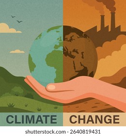 Climate Change Vector Illustration with Earth in Hand. Global Warming Concept. Air Pollution, Factory Emissions, Deforestation, Environmental Damage, Save The Planet, Nature and Industry Contrast