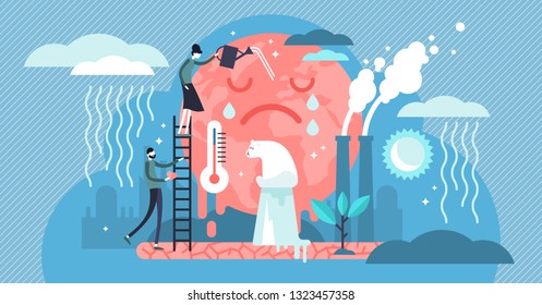 Climate Change Vector Illustration. Flat Global Warming Tiny Persons Concept. Nature Environment Danger Because Energy Business Industry And Air Pollution. Temperature Rising And Animal Extinction.