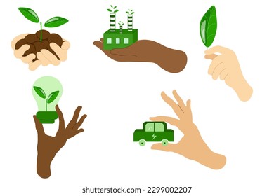 Climate Change vector illustration. Set of characters Hand holding Green Leaf, Electric Car, Branch in the ground, lamp and factory. Green Energy concept. 