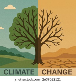 Climate Change Vector Illustration with a Tree Divided into Green and Dry Landscapes. Concept Art for Climate Change Awareness, Global Warming, Drought, Environmental Impact of Climate Change