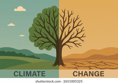 Climate Change Vector Illustration with a Tree Divided into Green and Dry Landscapes. Concept Art for Climate Change Awareness, Global Warming, Drought, Environmental Impact of Climate Change
