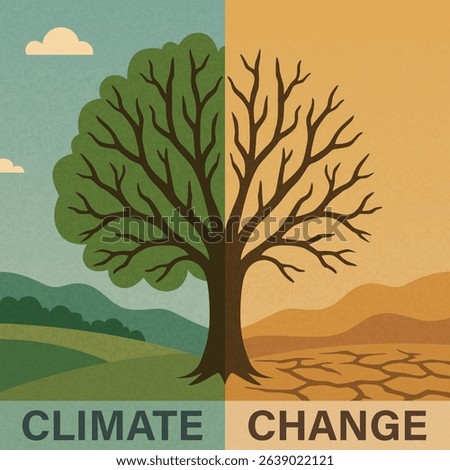 Climate Change Vector Illustration with a Tree Divided into Green and Dry Landscapes. Concept Art for Climate Change Awareness, Global Warming, Drought, Environmental Impact of Climate Change