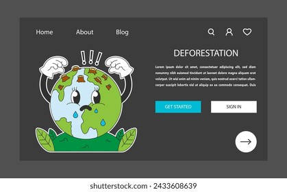 Climate change web banner or landing page dark or night mode. Deforestation. Chopping forest, destruction of woods. Danger for ecology and air pollution. Flat vector illustration