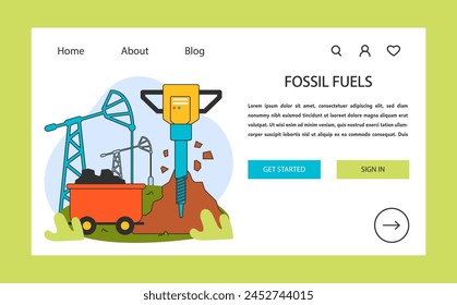 Climate change web banner or landing page. Fossil fuel. Natural resources depletion. Ecology destruction with oil, gas and coal consumption. Fossil source pumping. Flat vector illustration