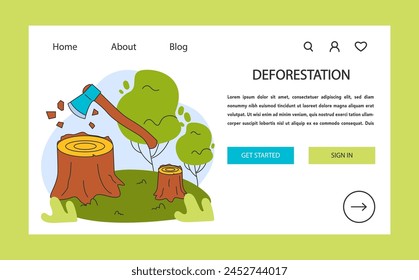Climate change web banner or landing page. Deforestation. Chopping forest, destruction of woods. Danger for ecology and air pollution. Flat vector illustration