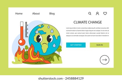 Climate change web banner or landing page. Distressed Earth cartoon character with rising flames. Rising temperature. Urgency of global warming, abnormal weather. Flat vector illustration.
