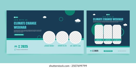 Plantilla del seminario web sobre el cambio climático, Anuncio y Plantilla de publicaciones en redes sociales. Diseño de póster de seminario web sobre el calentamiento global. Vector EPS 10