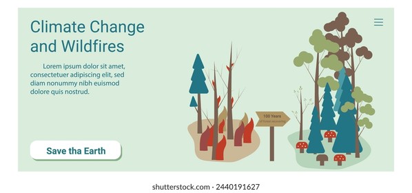 Climate change and wildfire rectangular banner. Save the Earth.