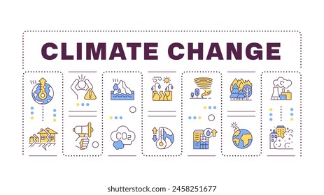 Climate change word concept isolated on white. Water pollution, global warming. Natural disaster. Creative illustration banner surrounded by editable line colorful icons. Hubot Sans font used