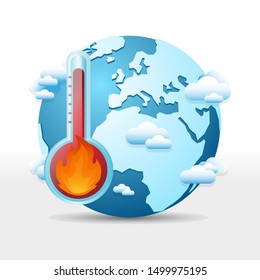 Climate Change World. Earth Globe with Clouds. Thermometer Hot Temperature. Vector Emoji Design.