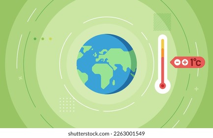 Climate change world. Earth globe with clouds. Hot thermometer temperature A flat style vector icon of Earth globe and thermometer, weather thermometer