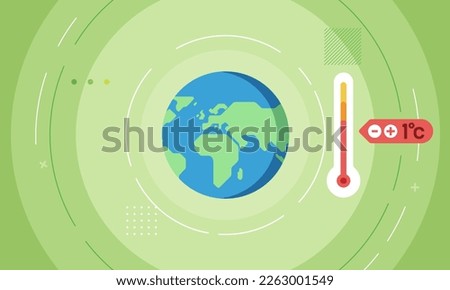 Climate change world. Earth globe with clouds. Hot thermometer temperature A flat style vector icon of Earth globe and thermometer, weather thermometer