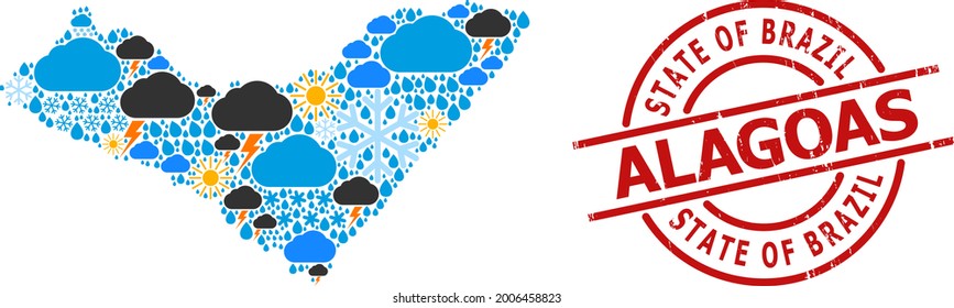 Climate collage map of Alagoas State, and distress red round stamp. Geographic vector collage map of Alagoas State is composed with randomized rain, cloud, sun, thunderstorm icons.