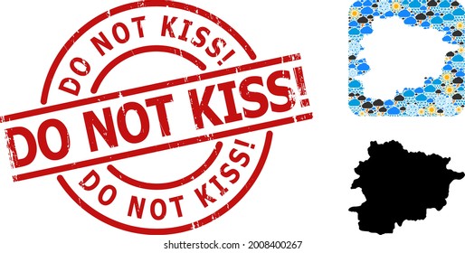 Climate collage map of Andorra, and scratched red round Do Not Kiss Exclamation. badge. Geographic vector collage map of Andorra is designed as subtraction from rounded square and scattered rain