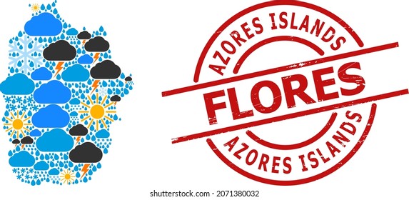 Klimabildkarte der Azoren - Flores Island, und gekratztes rotes Rundzeichen. Geographische Vektorgrafik der Azoren - Flores Insel ist mit verstreuten Regen, Wolke, Sonne, Gewitter-Artikeln organisiert.