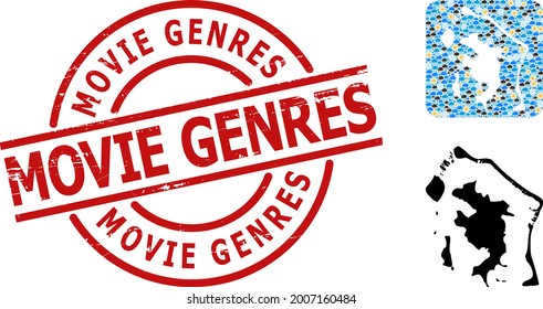 Climate collage map of Bora-Bora, and textured red round Movie Genres stamp seal. Geographic vector composition map of Bora-Bora is organized as stencil from rounded square and scattered rain, cloud,