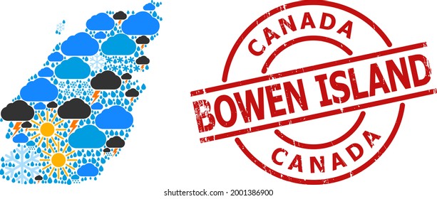 Climate collage map of Bowen Island, and grunge red round badge. Geographic vector collage map of Bowen Island is composed with scattered rain, cloud, sun, thunderstorm items.