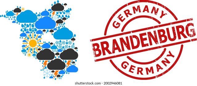 Climate collage map of Brandenburg State, and scratched red round stamp. Geographic vector concept map of Brandenburg State is created with randomized rain, cloud, sun, thunderstorm elements.