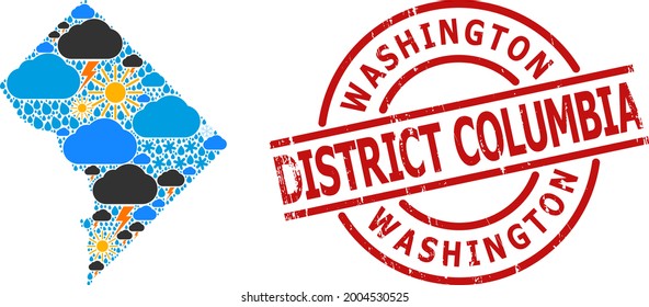 Climate collage map of District Columbia, and scratched red round stamp. Geographic vector collage map of District Columbia is composed with scattered rain, cloud, sun, thunderstorm elements.
