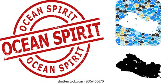 Climate collage map of El Salvador, and scratched red round Ocean Spirit stamp. Geographic vector mosaic map of El Salvador is constructed as subtraction from rounded square and randomized rain,