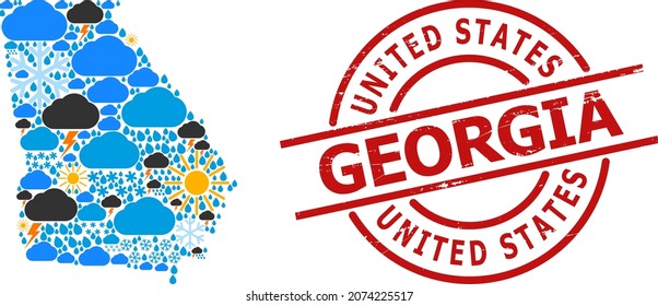 Mapa de collage climático del estado de Georgia y foca redonda roja rasgada. El mapa geográfico de collage vectorial del estado de Georgia está compuesto por iconos aleatorios de lluvia, nube, sol, tormenta.