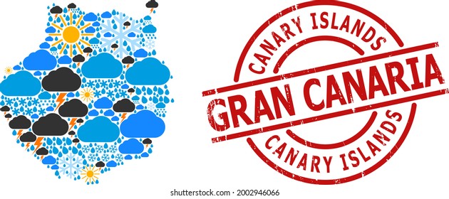 Klimabildkarte von Gran Canaria und grunge rote Rundstempel. Die geographische Vektorgrafik von Gran Canaria wird aus Zufallsstichzeichen für Regen, Wolken, Sonne, Gewitter erstellt.