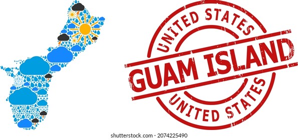 Climate collage map of Guam Island, and textured red round stamp seal. Geographic vector collage map of Guam Island is constructed with random rain, cloud, sun, thunderstorm icons.