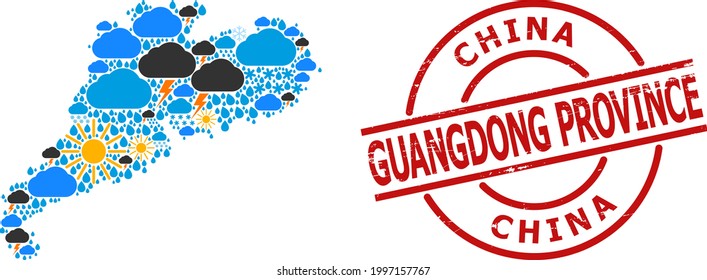 Climate collage map of Guangdong Province, and grunge red round stamp. Geographic vector collage map of Guangdong Province is constructed from randomized rain, cloud, sun, thunderstorm symbols.