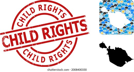 Climate collage map of Heard and McDonald Islands, and grunge red round Child Rights seal.