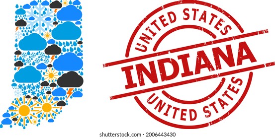 Mapa de collage climático del estado de Indiana, y sello rojo redondo texturado. El mapa geográfico vectorial del estado de Indiana está construido a partir de lluvia dispersa, nube, sol, tormenta.