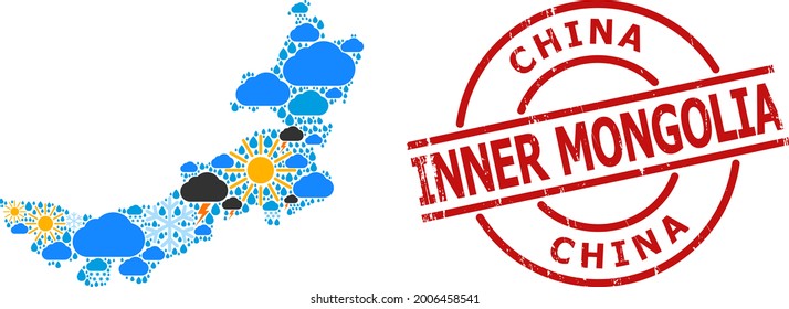 Climate collage map of Inner Mongolia, and rubber red round stamp seal. Geographic vector collage map of Inner Mongolia is composed with randomized rain, cloud, sun, thunderstorm symbols.