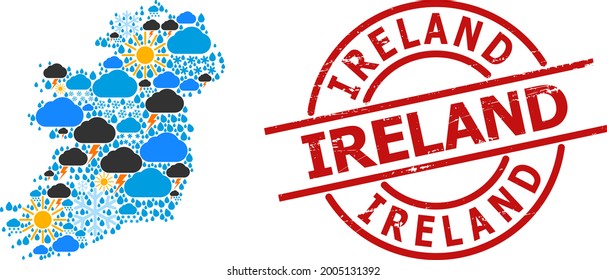 Climate collage map of Ireland Island, and rubber red round stamp. Geographic vector concept map of Ireland Island is designed with randomized rain, cloud, sun, thunderstorm icons.