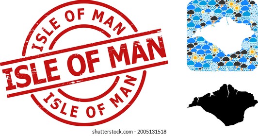 Climate collage map of Isle of Wight, and grunge red round Isle of Man badge. Geographic vector collage map of Isle of Wight is done as subtraction from rounded square and random rain, cloud, sun,