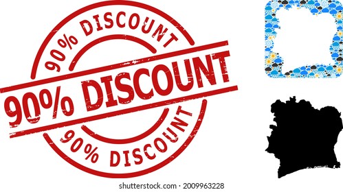 Climate collage map of Ivory Coast, and grunge red round 90 percent Discount stamp seal. Geographic vector collage map of Ivory Coast is combined as carved shape from rounded square and random rain